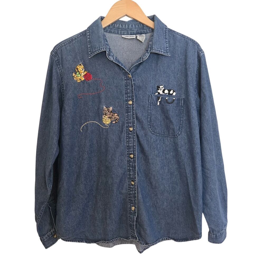 Blue Denim Cat Kitten Embroidered Cabin Creek Button-Up Shirt Size L